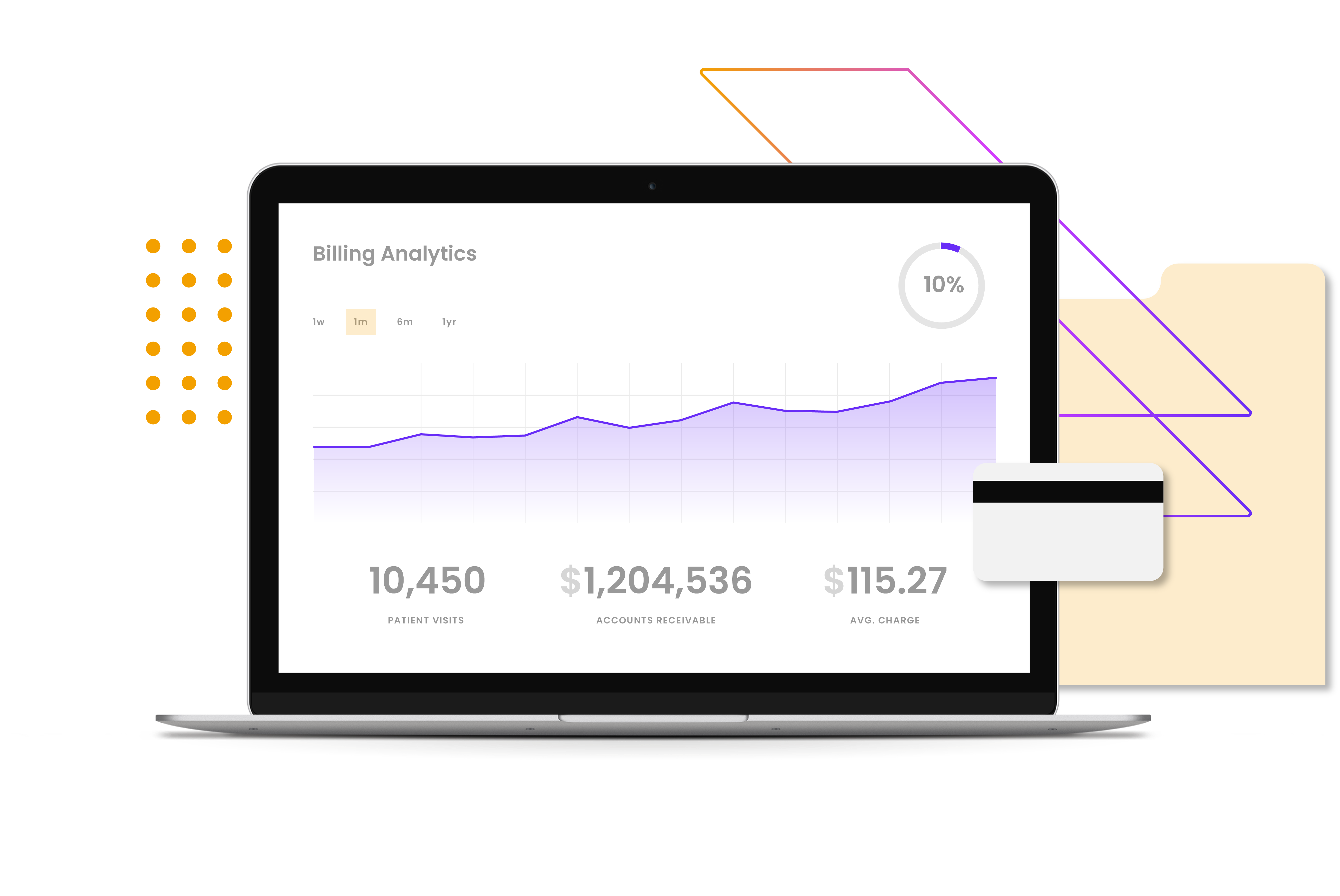 image of a laptop screen featuring a client dashboard that includes charts and a graph, alongside a credit card and manila folder